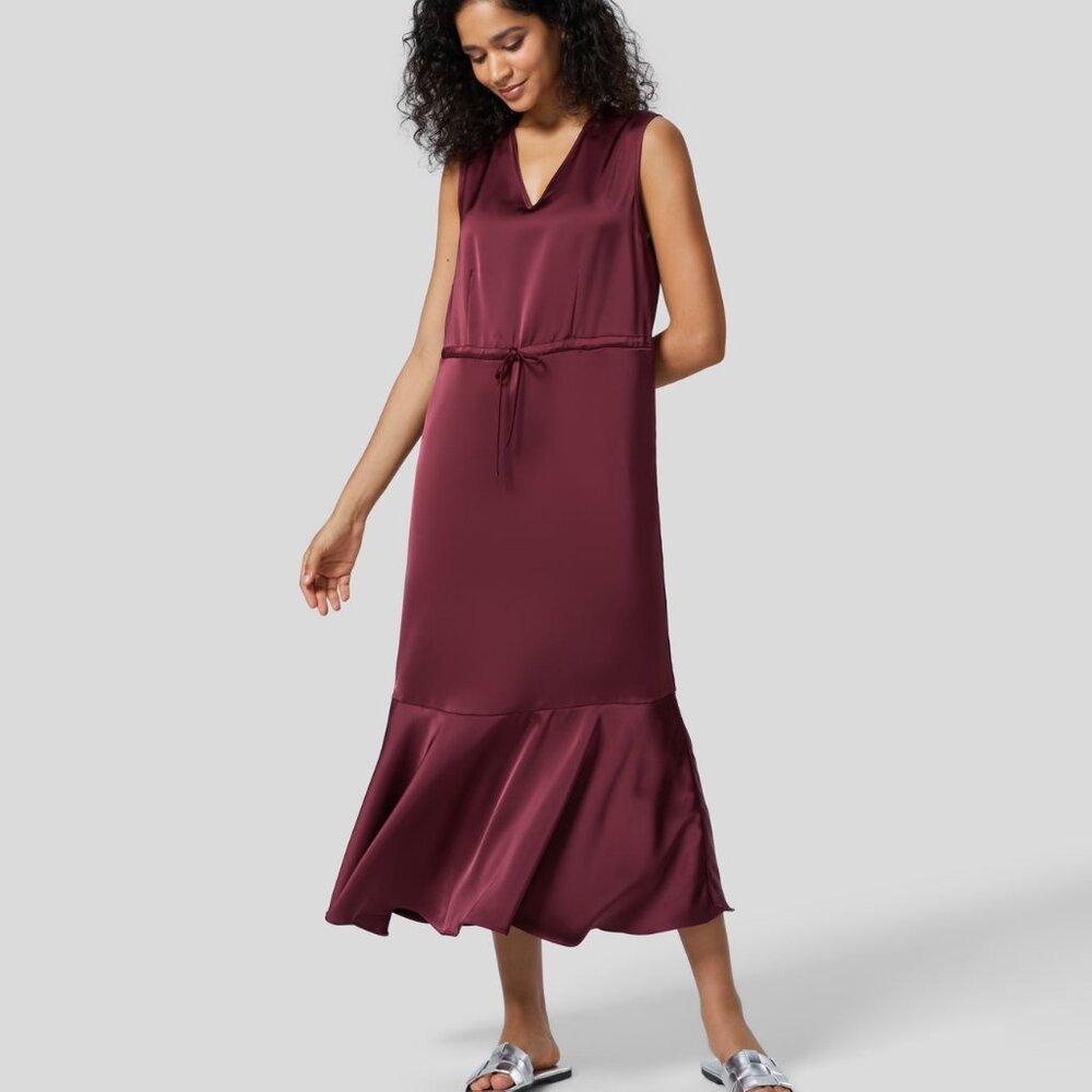V Neck Sleeveless Drawstring Side Pocket Ruffle Hem Midi Satin-Like Lounge Dress